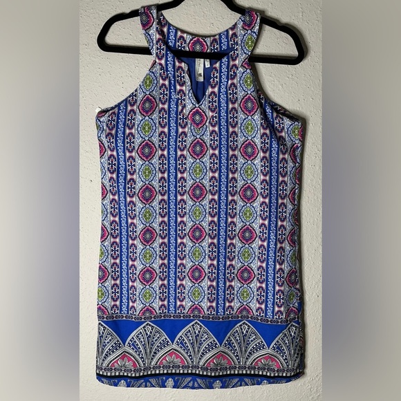 Pink Owl Blue Mini Dress with Geometric Patterns and Tank Top Style - Picture 1 of 6